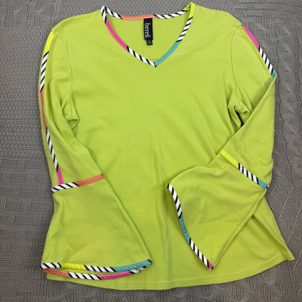 Berek Women’s Lime Green V-Neck Top with Colorful Stripes & Bell Sleeves ~ Smal